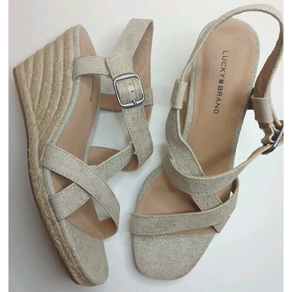 Lucky Brand Sandals Sz 8.5 Strappy Espadrille Wedge Heel Natural & Gold Metallic